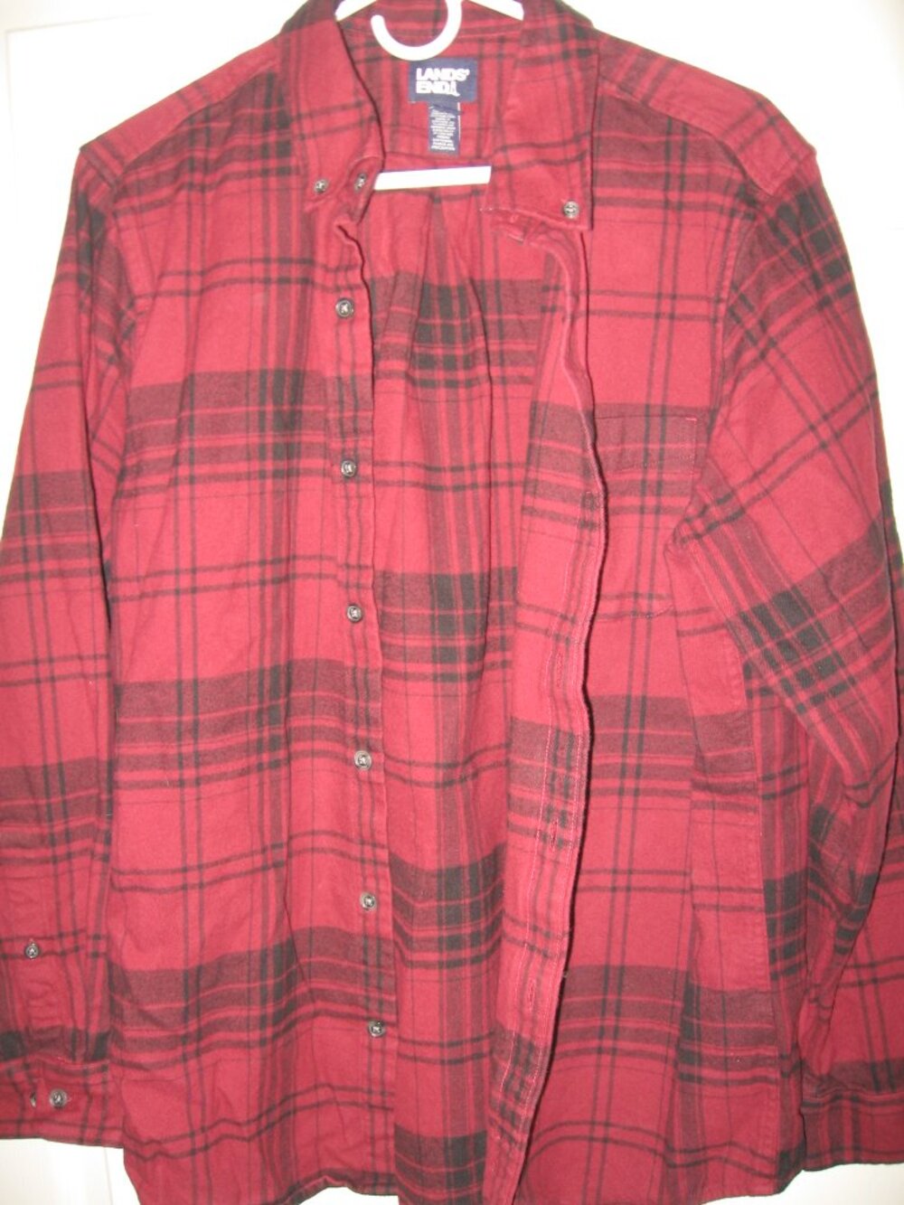 Lands' End Red Black Plaid Overshirt Jacket Heavy Shirt Men's Size Large Flannel